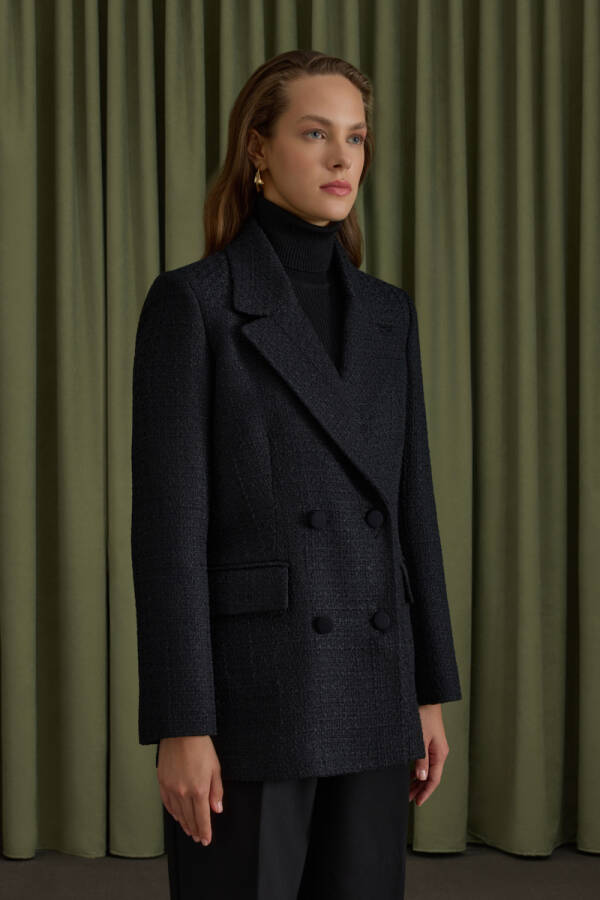 Siyah Kruvaze Kapama Tweed Kumaş Ceket - 3