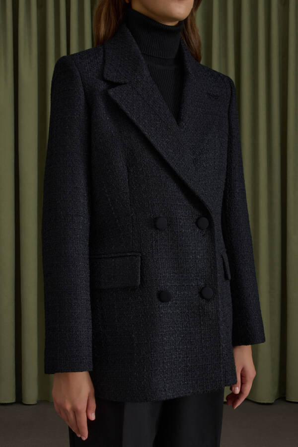 Siyah Kruvaze Kapama Tweed Kumaş Ceket - 4