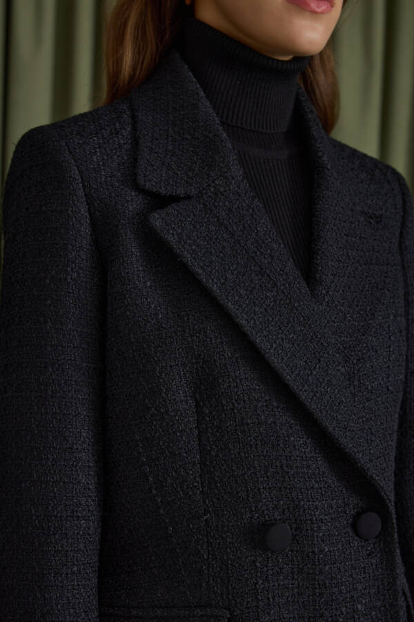 Siyah Kruvaze Kapama Tweed Kumaş Ceket - 5