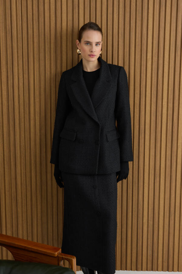 Siyah Kruvaze Kapama Tweed Kumaş Ceket - 1