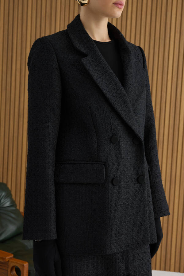 Siyah Kruvaze Kapama Tweed Kumaş Ceket - 3