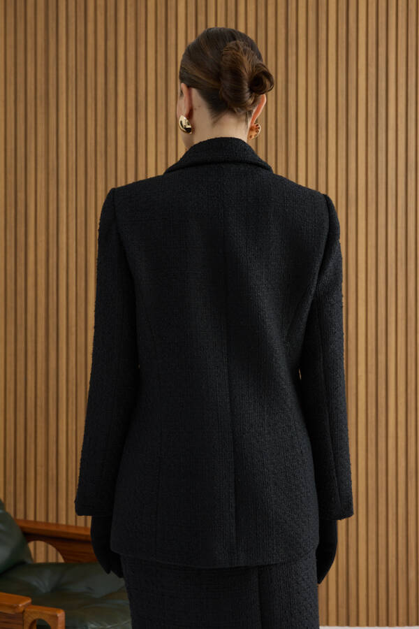 Siyah Kruvaze Kapama Tweed Kumaş Ceket - 4