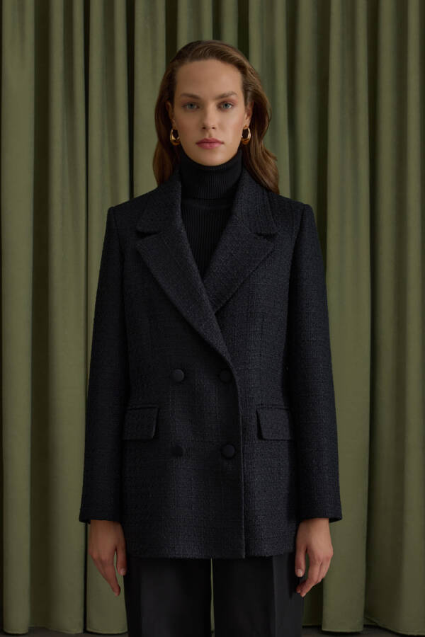 Siyah Kruvaze Kapama Tweed Kumaş Ceket - Aker (1)