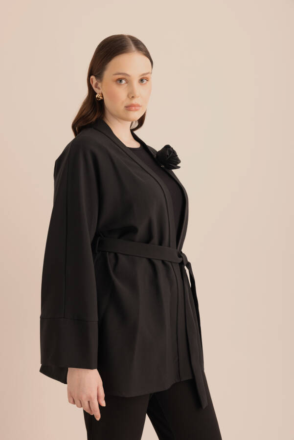 Siyah Kumaş Broşlu Kimono - 4