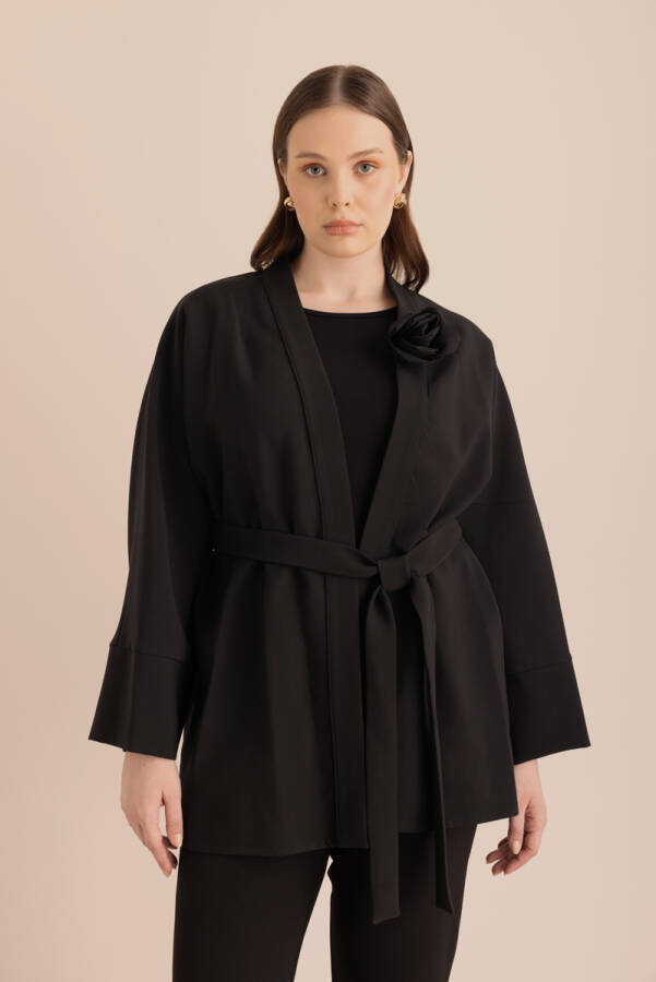 Siyah Kumaş Broşlu Kimono - 2