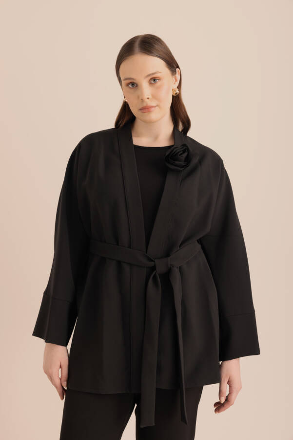 Siyah Kumaş Broşlu Kimono - 5