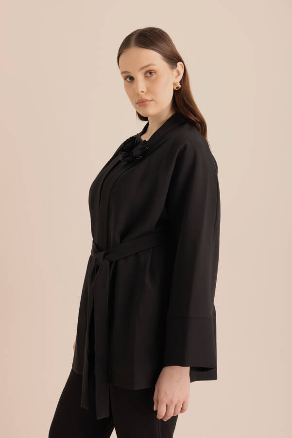 Siyah Kumaş Broşlu Kimono - 6