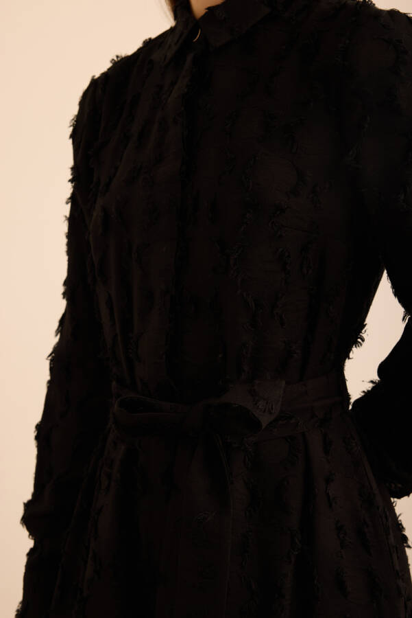 Siyah Kumaşı Püskül Yüzeyli Cotton Gömlek Elbise - 5