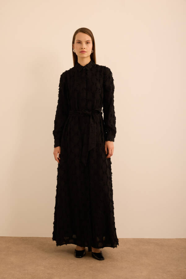 Siyah Kumaşı Püskül Yüzeyli Cotton Gömlek Elbise - Aker