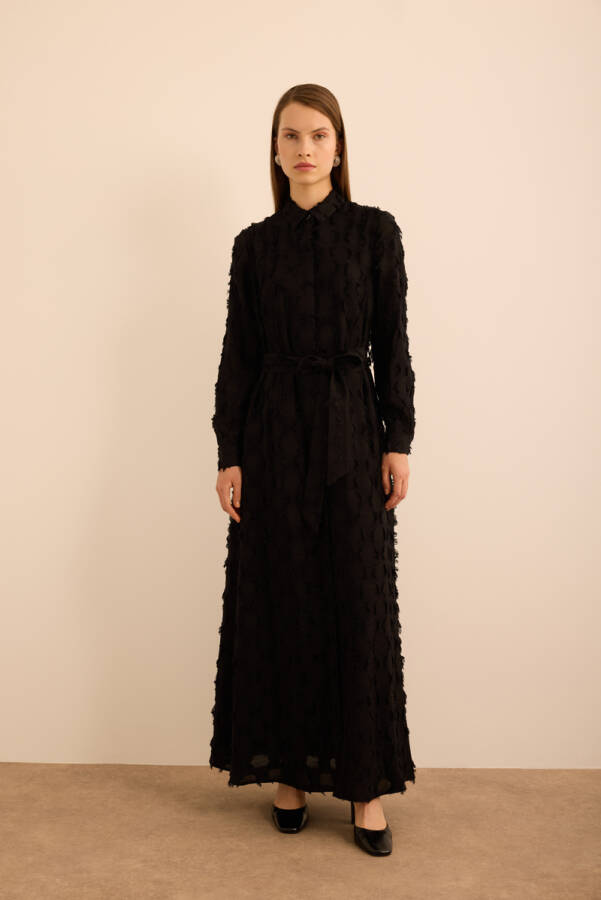 Siyah Kumaşı Püskül Yüzeyli Cotton Gömlek Elbise - 3