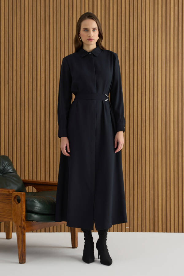 Siyah Metal Tokalı Modal Elbise - 4