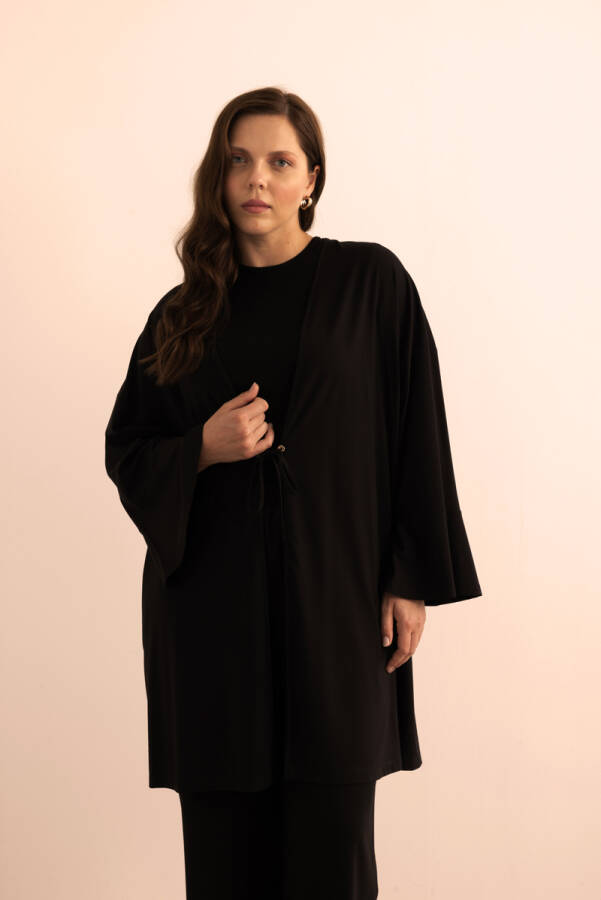 Siyah Önden Bağcık Detaylı Örme Kimono - 3