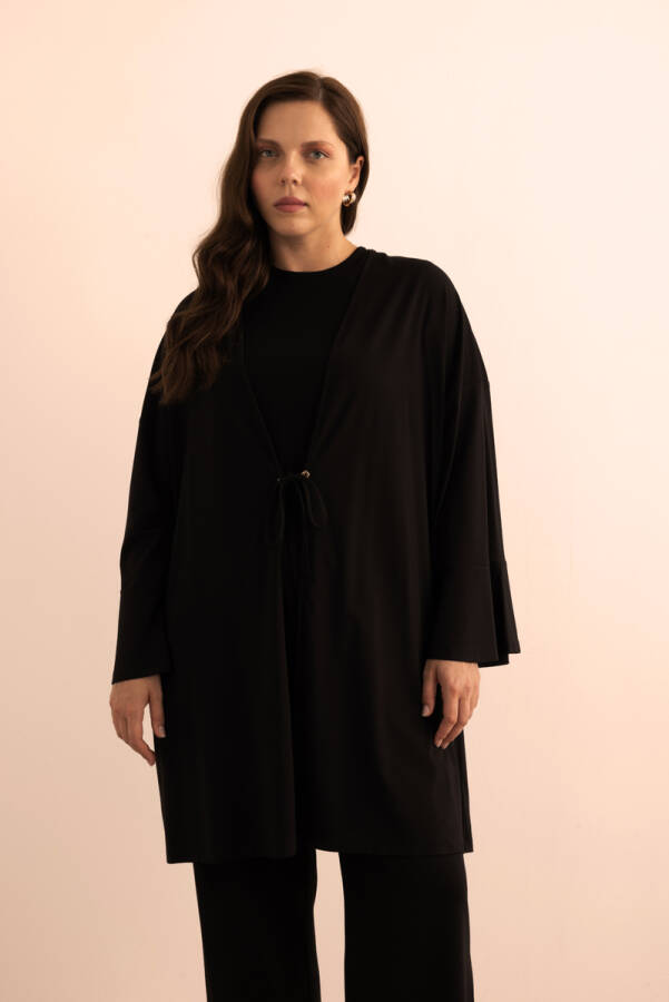 Siyah Önden Bağcık Detaylı Örme Kimono - 5