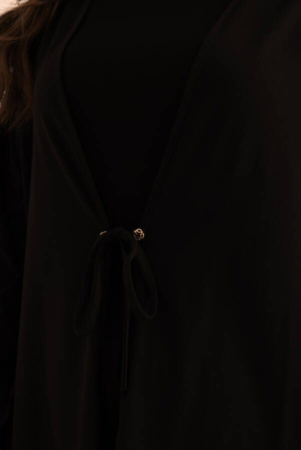 Siyah Önden Bağcık Detaylı Örme Kimono - 6