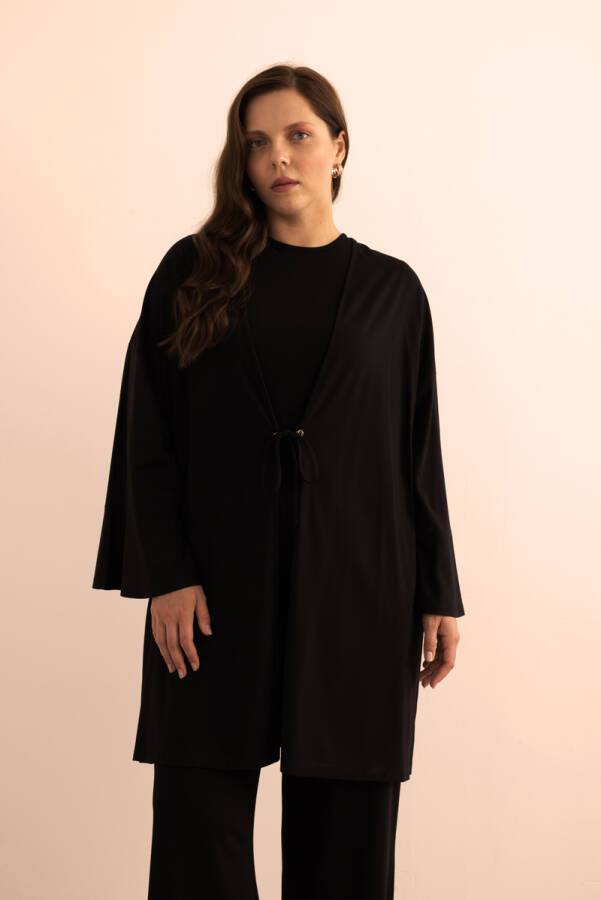 Siyah Önden Bağcık Detaylı Örme Kimono - 1