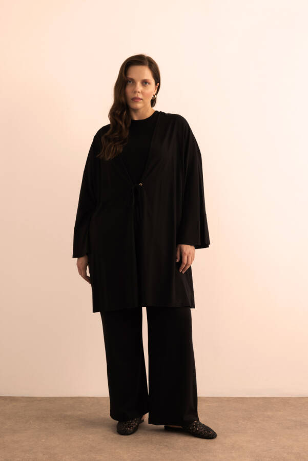 Siyah Önden Bağcık Detaylı Örme Kimono - 2
