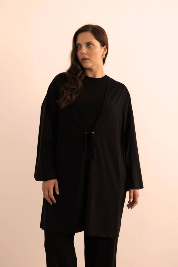 Siyah Önden Bağcık Detaylı Örme Kimono - 4