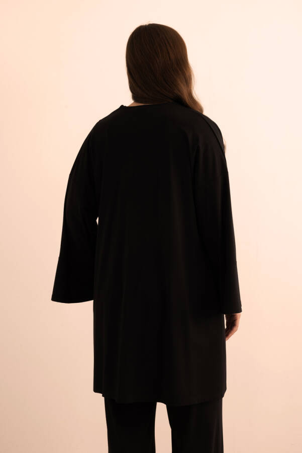 Siyah Önden Bağcık Detaylı Örme Kimono - 7