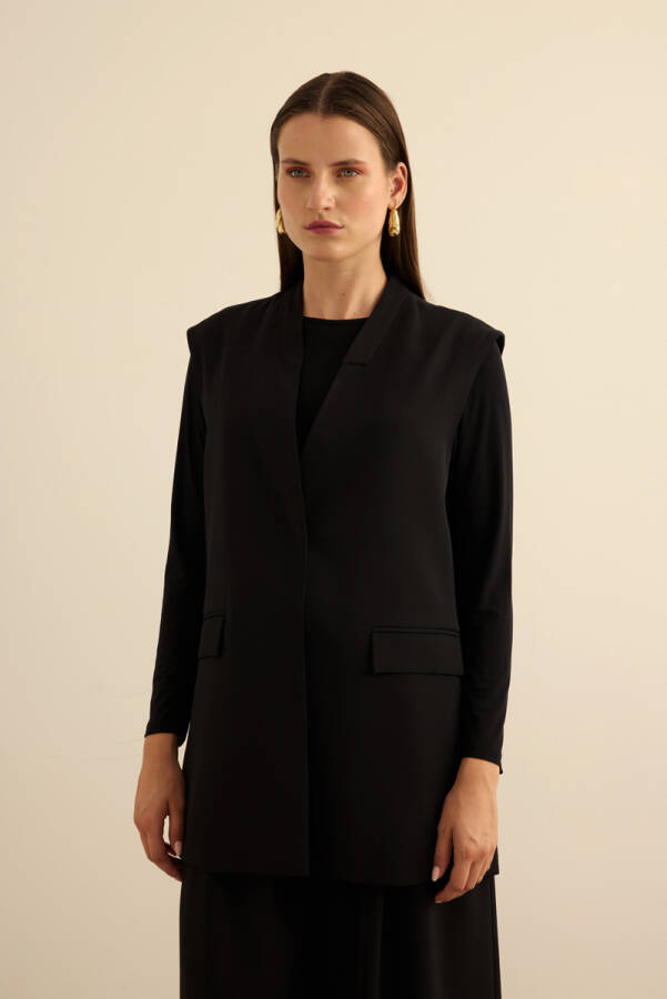 Siyah Önden Çıtçıtlı Dokuma Yelek - 4