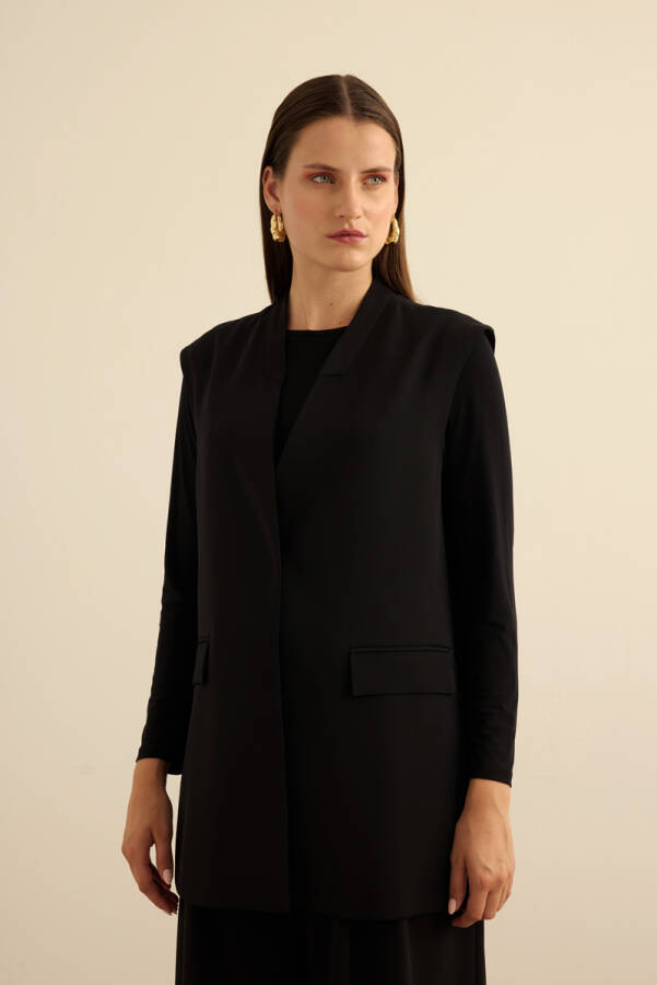 Siyah Önden Çıtçıtlı Dokuma Yelek - 5