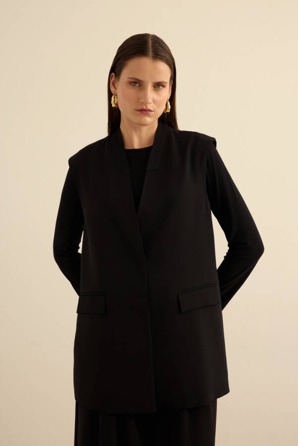 Siyah Önden Çıtçıtlı Dokuma Yelek - 3