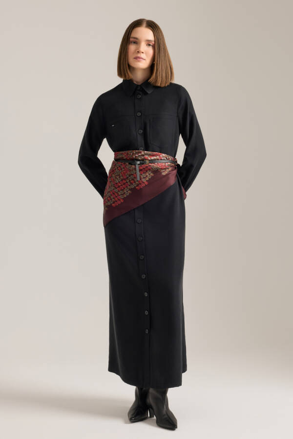 Siyah Önden Düğmeli Modal Gömlek Elbise - Aker