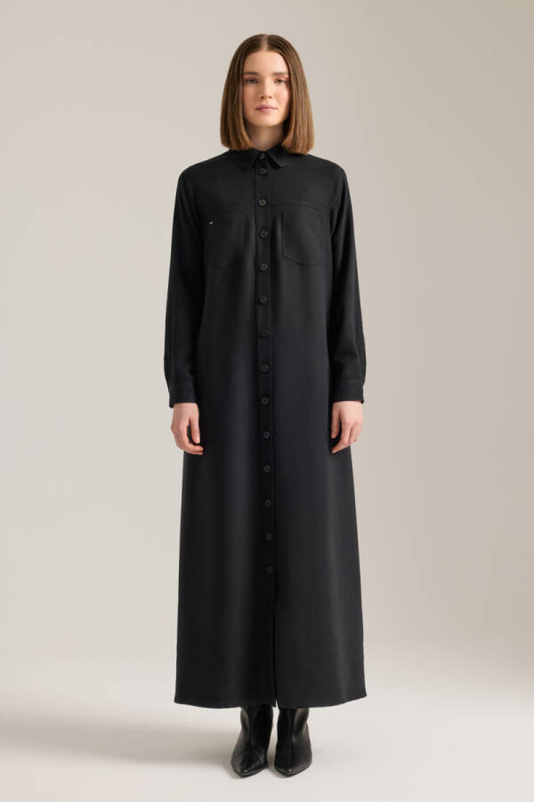 Siyah Önden Düğmeli Modal Gömlek Elbise - Aker (1)