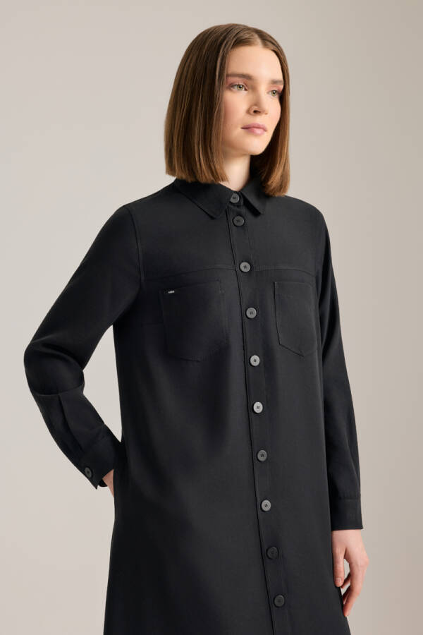 Siyah Önden Düğmeli Modal Gömlek Elbise - 4