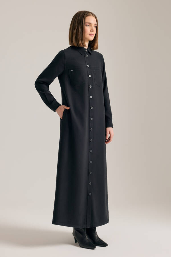 Siyah Önden Düğmeli Modal Gömlek Elbise - 3
