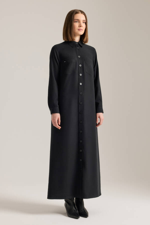 Siyah Önden Düğmeli Modal Gömlek Elbise - 5