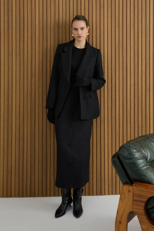 Siyah Önden Düğmeli Tweed Kumaş Etek - 1