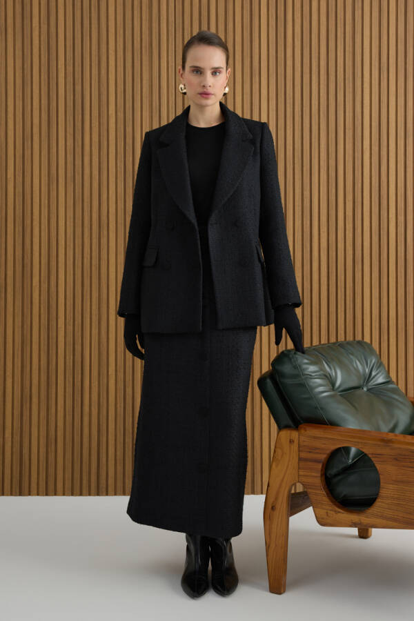 Siyah Önden Düğmeli Tweed Kumaş Etek - 2