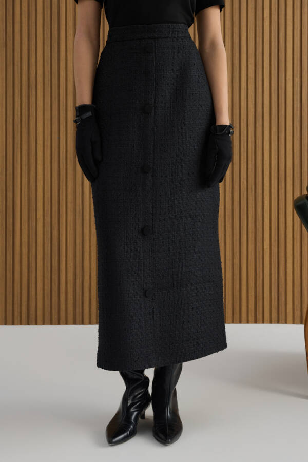 Siyah Önden Düğmeli Tweed Kumaş Etek - 3