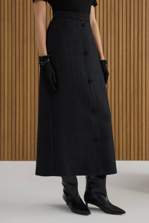 Siyah Önden Düğmeli Tweed Kumaş Etek - 5