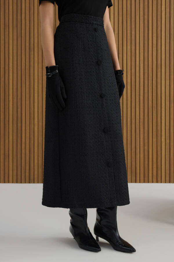 Siyah Önden Düğmeli Tweed Kumaş Etek - 4