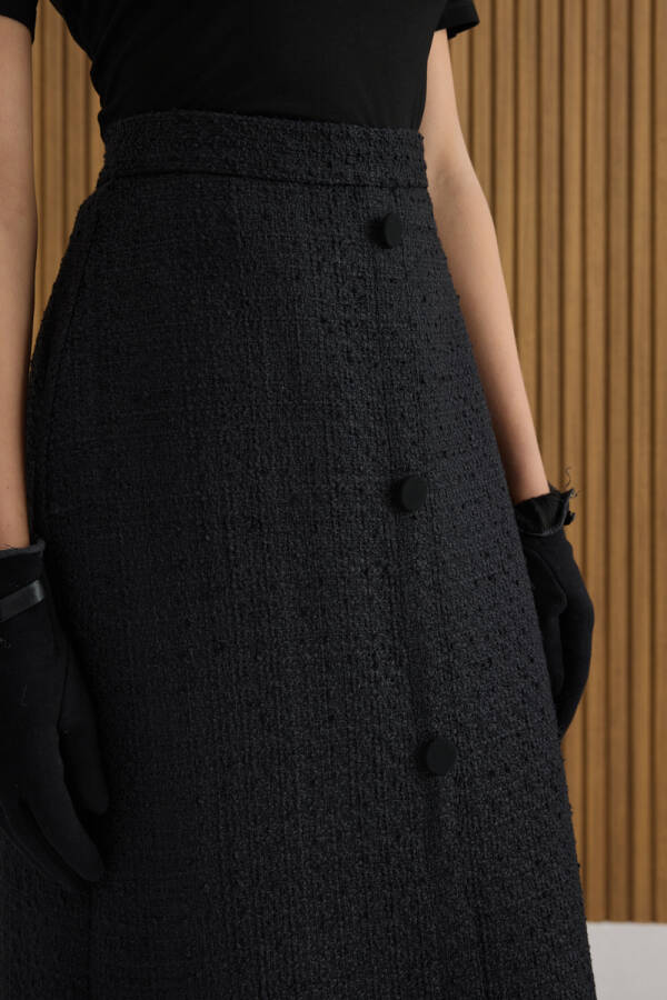 Siyah Önden Düğmeli Tweed Kumaş Etek - 6