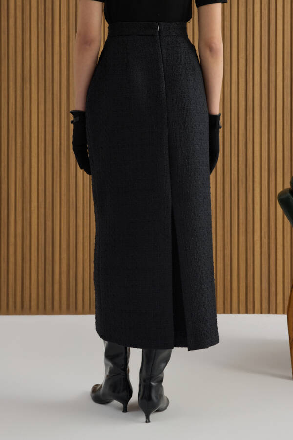 Siyah Önden Düğmeli Tweed Kumaş Etek - 7