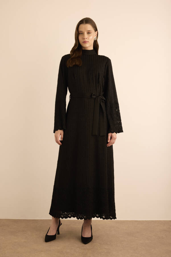 Siyah Örme Simli Tül Elbise - 6