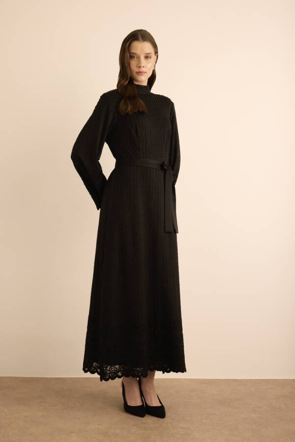 Siyah Örme Simli Tül Elbise - Aker (1)