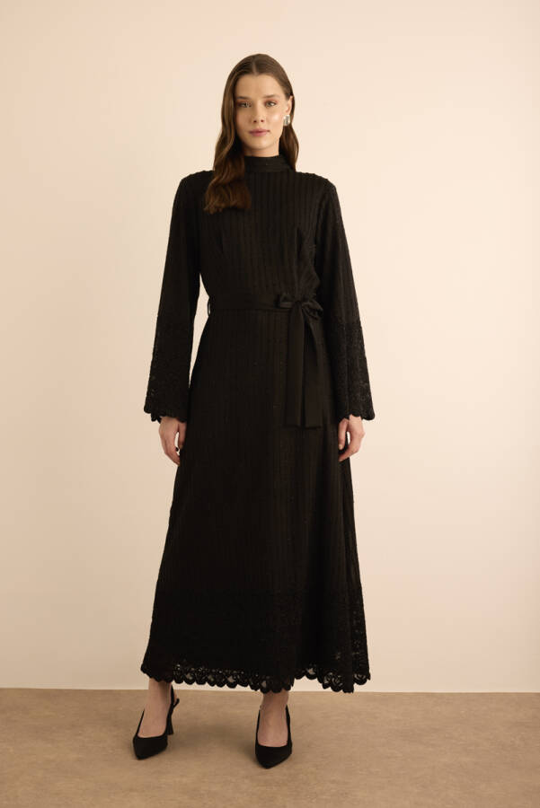 Siyah Örme Simli Tül Elbise - 3