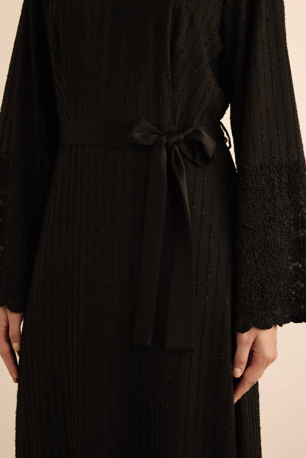 Siyah Örme Simli Tül Elbise - 5