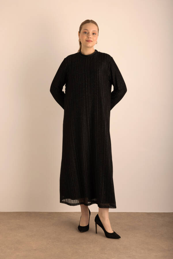 Siyah Örme Simli Tül Elbise - 6