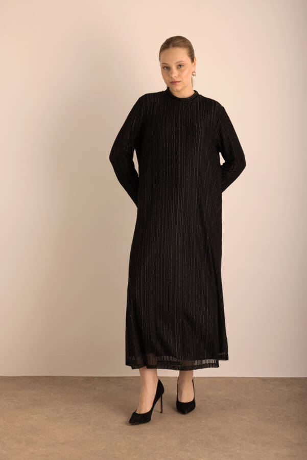 Siyah Örme Simli Tül Elbise - Aker (1)