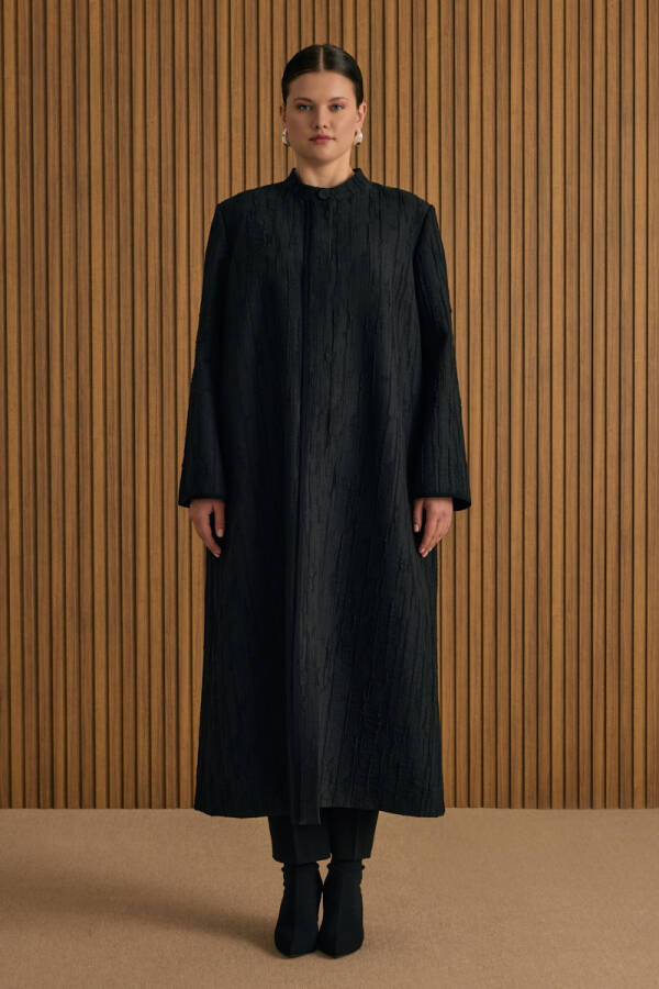 Siyah Özel Dokulu Kumaş Pardösü - Aker (1)