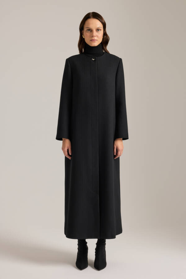 Siyah Özel Dokulu Kumaş Pardösü - 3