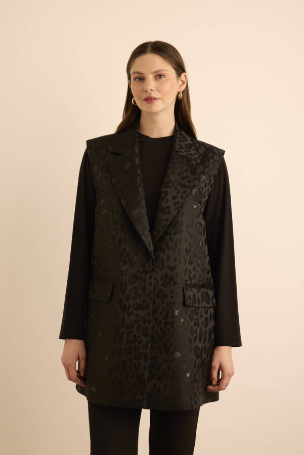 Siyah Özel Dokuma Kumaş Yelek - Aker