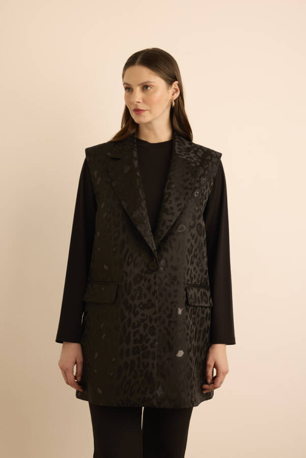 Siyah Özel Dokuma Kumaş Yelek - 4