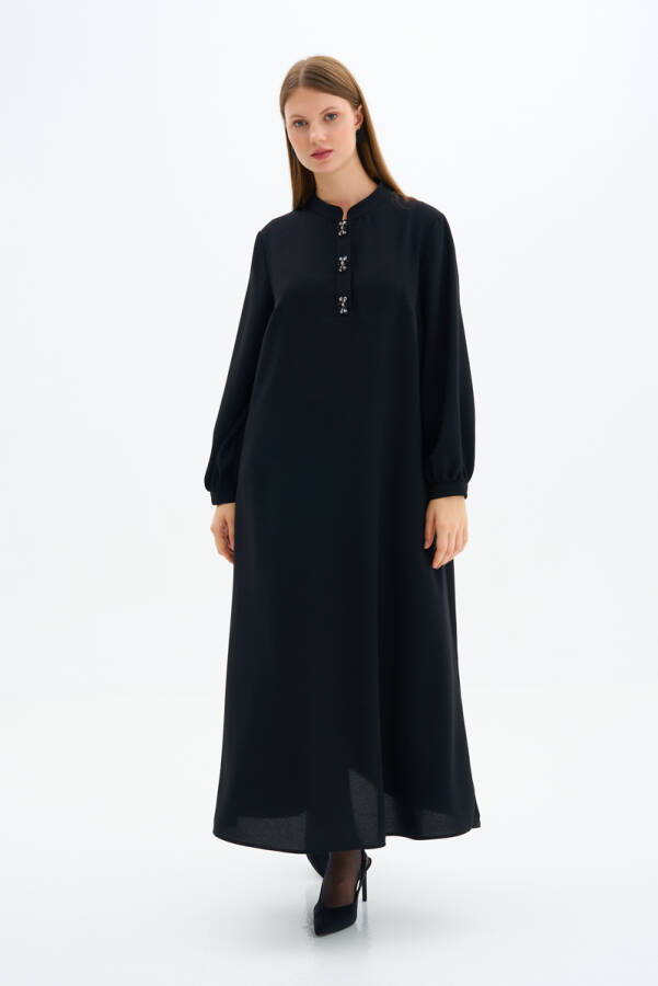 Siyah Patı İşleme Detaylı Elbise - 3