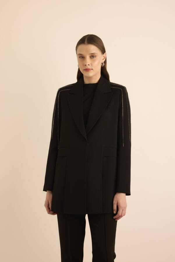 Siyah Pile Şerit Detaylı Taş İşlemeli Ceket - Aker