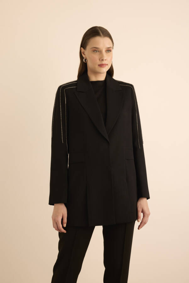 Siyah Pile Şerit Detaylı Taş İşlemeli Ceket - 3